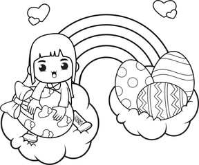 Coloring page Happy Easter with cute girl