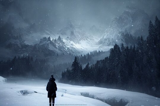 une personne seule dans la neige regarde les aurores boréales au dessus des montagnes enneigées. Generative AI