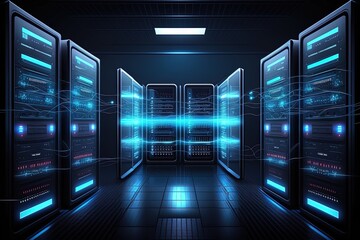Generative AI data center room with mainframe storage servers, cloud network concept, hosting databases and internet, Modern Telecommunications, Artificial Intelligence,server room - obrazy, fototapety, plakaty