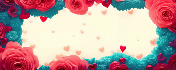 Rose flowers frame, botanic background, Valentines Day Concept, Top view, Copy space, Generative AI