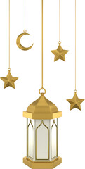 3D hanging gold white Islamic lantern. Design element with soft colors. 3D render.