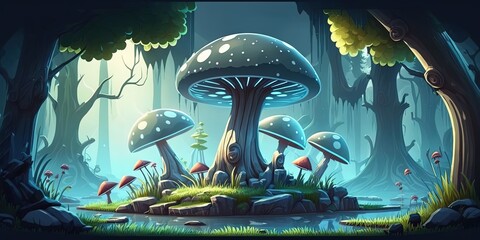 Forest of Giant Mushrooms. 2D game background. Digital illustration of scenery for an adventure game, Generative AI