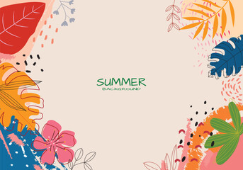 Tropical summer doodle with space for text vector illustration. Colorful abstract design background for banner, poster, cover, card with tropical leaves, shapes and textures.