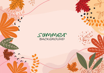 Tropical summer doodle with space for text vector illustration. Colorful abstract design background for banner, poster, cover, card with tropical leaves, shapes and textures.