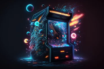 Fotobehang Neon lights arcade machine, abstract glowing background, digital illustration, Generative AI © Kaleb