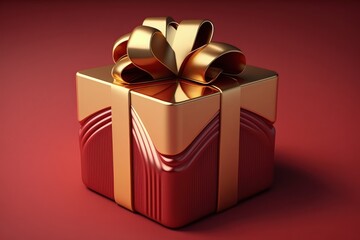 Red gift with golden ribbons, red background, 3D Digital illustration, Generative AI