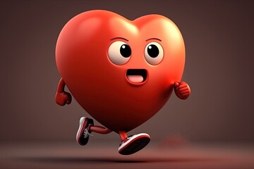 Cute heart-shaped character running, 3D Digital illustration, Generative AI