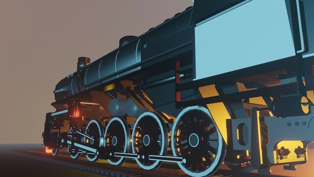 3D Rendered vintage train with various camera angles with dark and foggy environment. powerful steam engine with foggy dark background and blue and orange fog light glowing behind the train