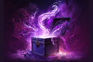 Pandora's box, purple magic coming out of fantasy box, Digital illustration, Generative AI