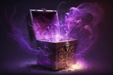 Pandora's box, purple magic coming out of fantasy box, Digital illustration, Generative AI