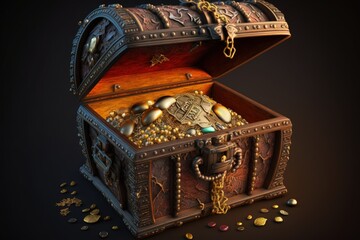 Open treasure chest with gold and gems, fantasy chest, Digital illustration, Generative AI