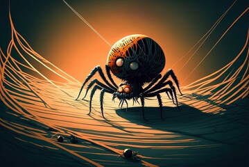 a cross spider scuttling down a spider thread on Halloween is a scary but helpful predator. Generative AI - obrazy, fototapety, plakaty
