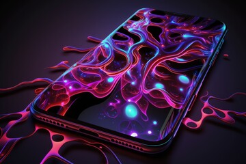 Mobile phone with neon light on screen, abstract glowing background, digital illustration