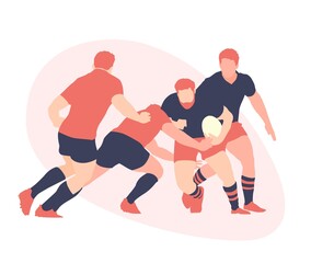 Rugby players tackling each other in the rugby field - obrazy, fototapety, plakaty