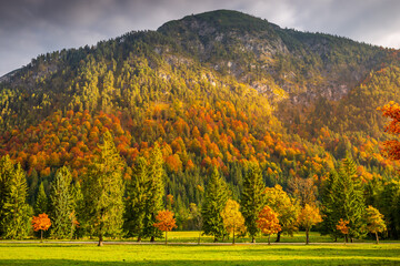 Fototapeta premium Karwendel alps at golden autumn sunrise, tyrol and bavarian alps border, Austria