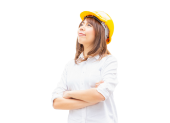 Young architect woman in yellow helmet standing at the city, Female engineer at building construction site