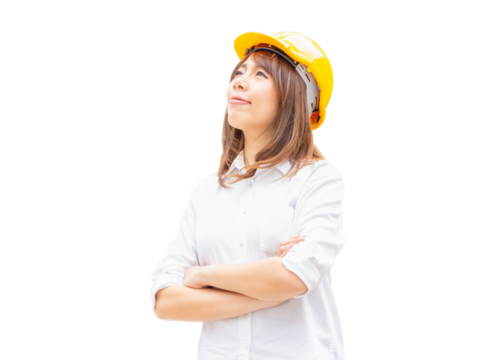 Young architect woman in yellow helmet standing at the city, Female engineer at building construction site