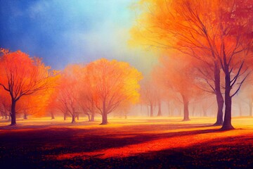 Warm orange watercolor landscape paintings in autumn. Color ink landscape painting. Generative AI