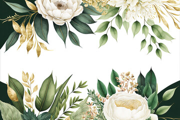 floral illustration with white flowers, pink accents, gold and green leaves, for wedding stationary, wallpapers, backgrounds, textures cards