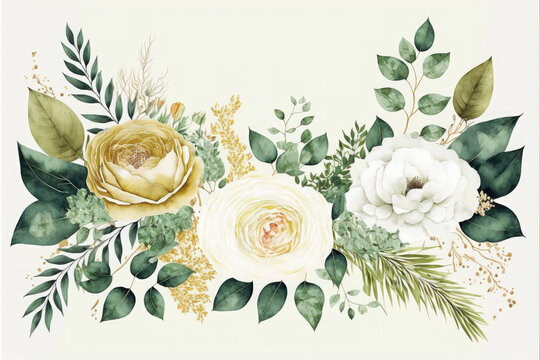 floral illustration, white flowers, gold flowers, green leaves, floral bouquet, flower art, flower illustration, spring flowers, wedding stationary, wallpapers, background, textures, cards