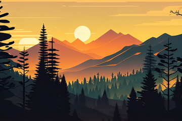 View of mountains in the forest with sunset background illustration generative ai