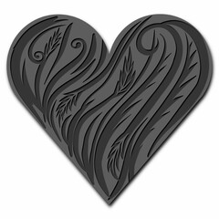 そよぐ唐草のレリーフイラスト、唐草模様のハートイラスト、黒のシンボル素材、墨色のハートの装飾模様