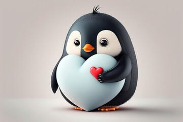 cute penguin holding a heart created by generative AI - obrazy, fototapety, plakaty