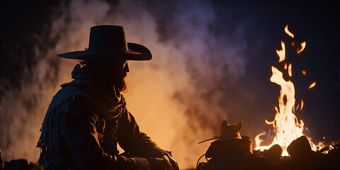 A fictional person. Cowboy looking into a campfire by generative AI - obrazy, fototapety, plakaty