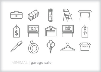 Set of garage sale line icons of themes for having a neighborhood yard or rummage sale of used items