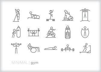 Set of gym line icons of exercise equipment and movements for health and wellness