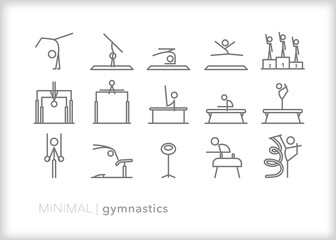 Set of gymnastics line icons of gymnasts performing at a competition or practice