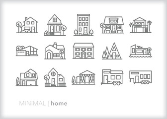 Set of home line icons of different types of houses, residences, dwellings and architecture