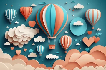 Rideaux occultants Montgolfière hot air balloons and clouds made with paper art created by generative AI