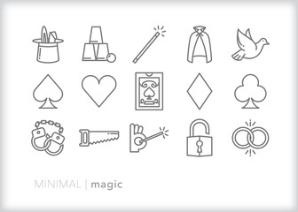 Set of magic line icons of cards and tricks for a magician to perform