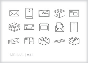 Set of mail line icons of letters, envelopes and packages to be sent and delivered