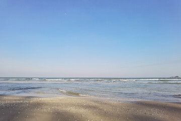 tropical beach and blue sky in nature                                                             