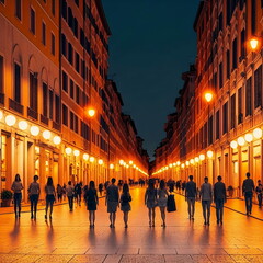 a clean empty street at night in Rome, people walking on the sidewalk, sunset, golden lights, lighting, fantasy, generated in AI