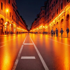 Fototapeta na wymiar a clean empty street at night in Rome, people walking on the sidewalk, sunset, golden lights, lighting, fantasy, generated in AI