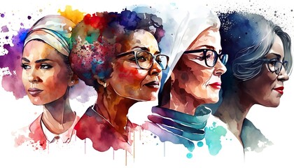 Multicultural portraits of women symbolize the success of equality, watercolor illustration, people art. Generative AI