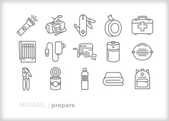 Set of disaster preparedness line icons for prepping for an emergency or natural disaster