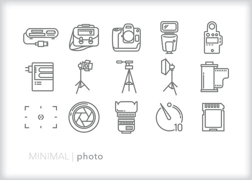 Set of photo line icons of photography and studio equipment for capturing images