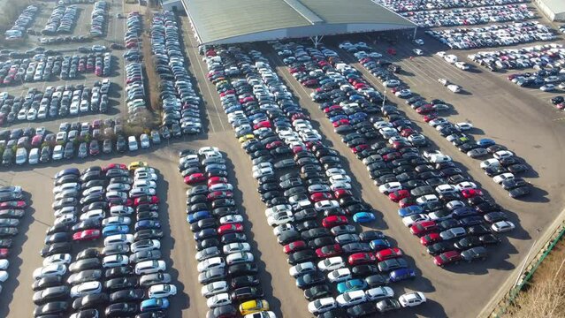 Aerial Footage of Huge Car Parking at Kempston Bedford Town of England UK. The Footage Was Captured on 06-Feb-2023 with Drone's Camera	
