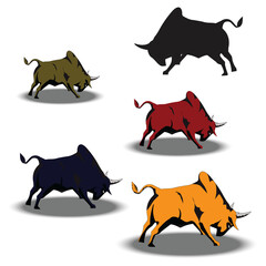 Set of cows. Cow crash icon. Yellow, red cow, blue. Black cow on white. Hand drawn vector...