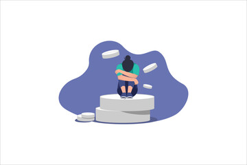 Concept of medication treating illness or disorder. Concept of antidepressants. Depressed woman is sitting on big pill. Medicine. Flat. Vector illustration.