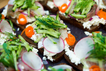 Sandwiches with herring, radish, cucumber and cream cheese on a dark rye bread
