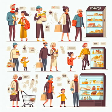 set of people go to shopping, woman and kid choosing products in store, Family Shopping, Vector Illustration, Made by AI,Artificial intelligence