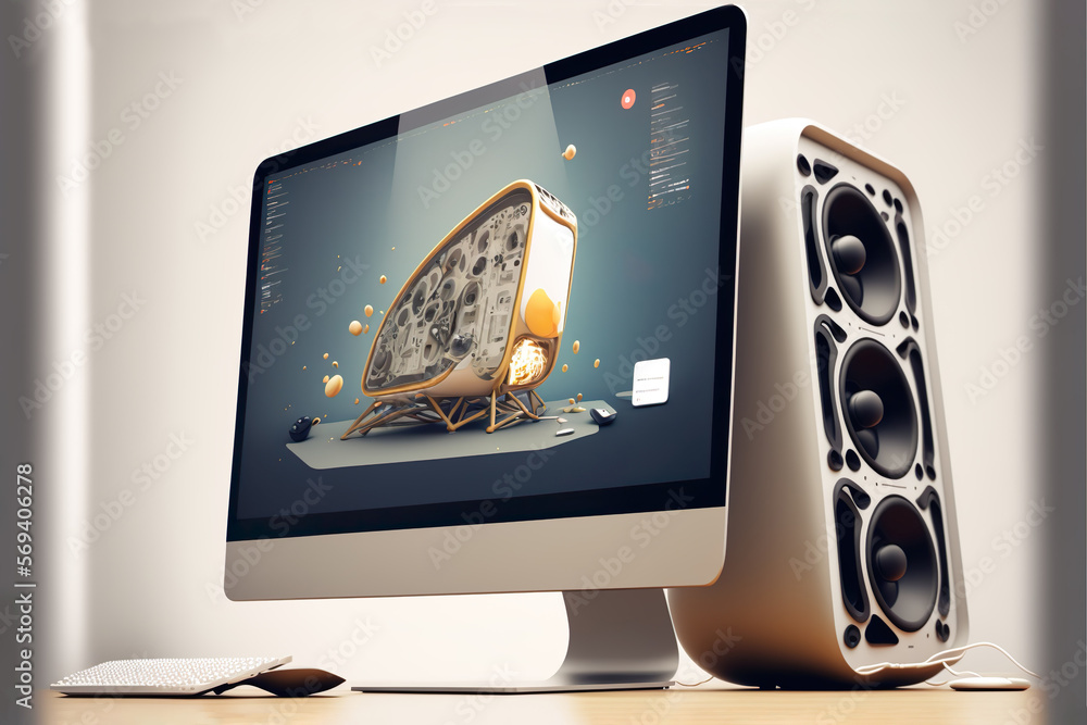 Poster shot of a desktop computer and keyboard and mouse in the creative modern office , generative ai