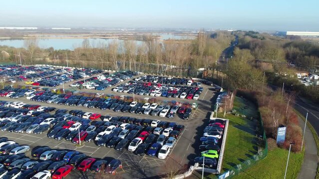 Aerial Footage of Huge Car Parking at Kempston Bedford Town of England UK. The Footage Was Captured on 06-Feb-2023 with Drone's Camera	