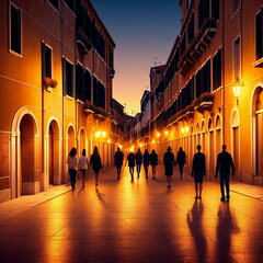 a clean empty street at night in Venice, people walking on the sidewalk, sunset, golden lights, lighting, fantasy, generated in AI