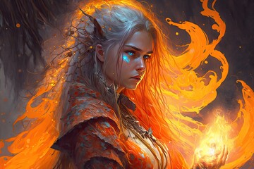 A beautiful sorceress with hair of fire, casting bolts of orange magic. Digital art painting, Fantasy art, Wallpaper